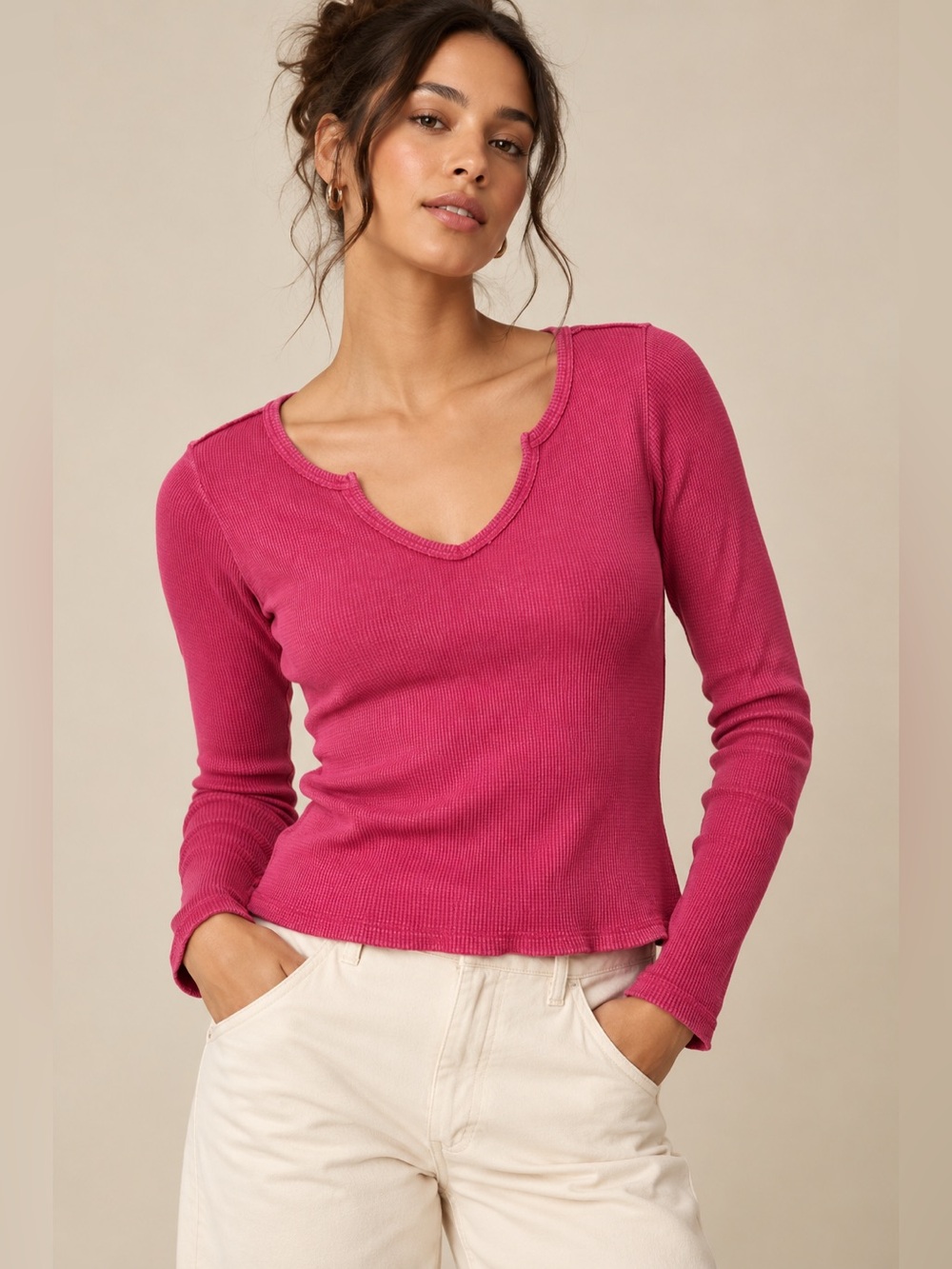 Pilcro Anthropologie Pink Raspberry Waffle Knit V-Notch Long Sleeve Top M